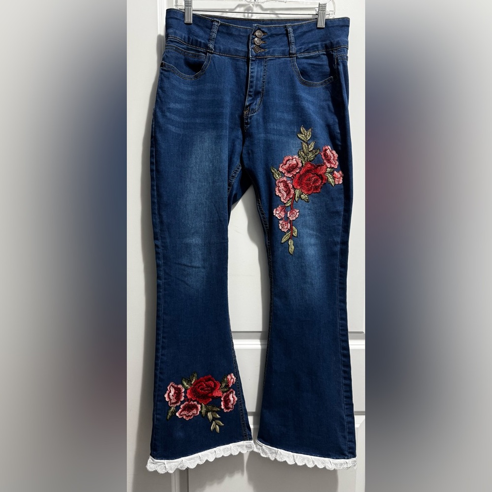 Blue and Red Flare Jeans with Floral Embroidery